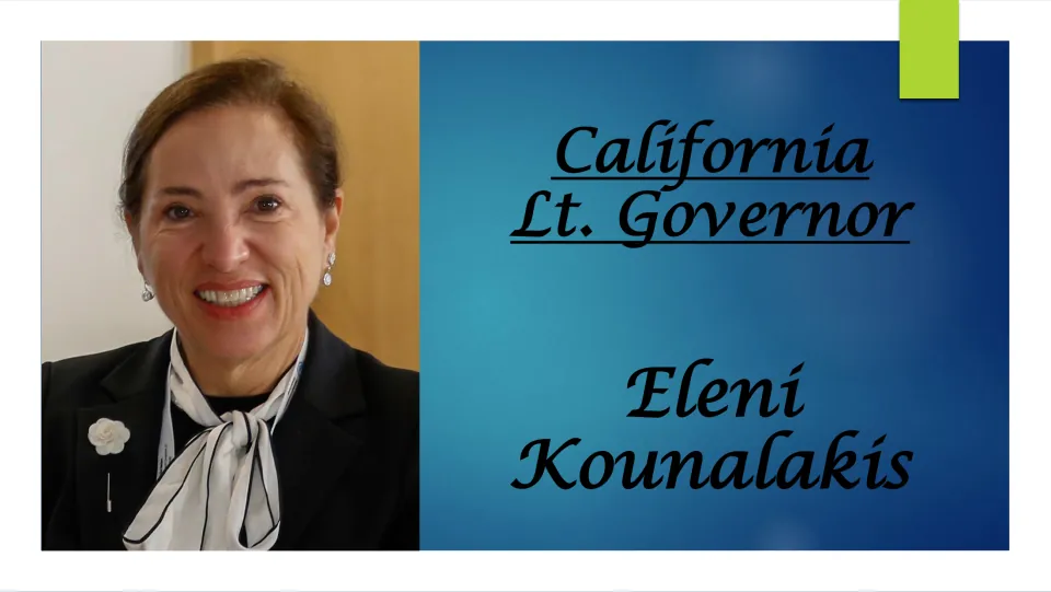 Title slide for a biography presentation on California Lt. Governor Eleni Kounalakis, shown with a smiling portrait photo