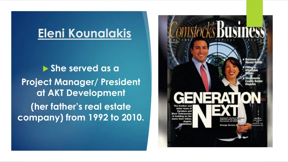 Career slide: Kounalakis served as Project Manager/President at AKT Development from 1992 to 2010, with a magazine cover