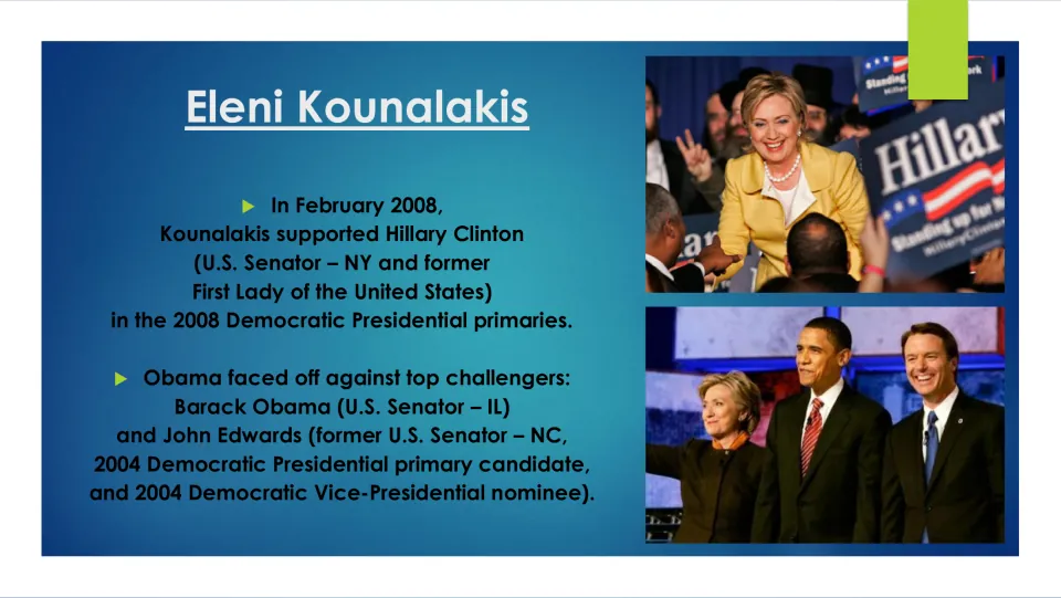 2008 primaries slide: Kounalakis backed Hillary Clinton against Barack Obama and John Edwards, with candidate photos