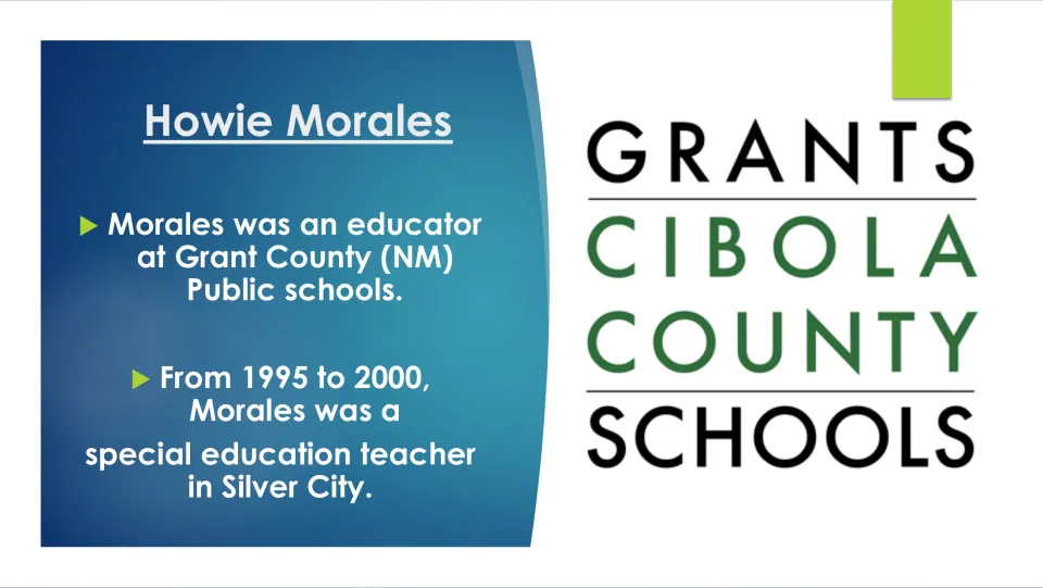 Biography slide describing Morales’s work as a special education teacher in Silver City from 1995 to 2000