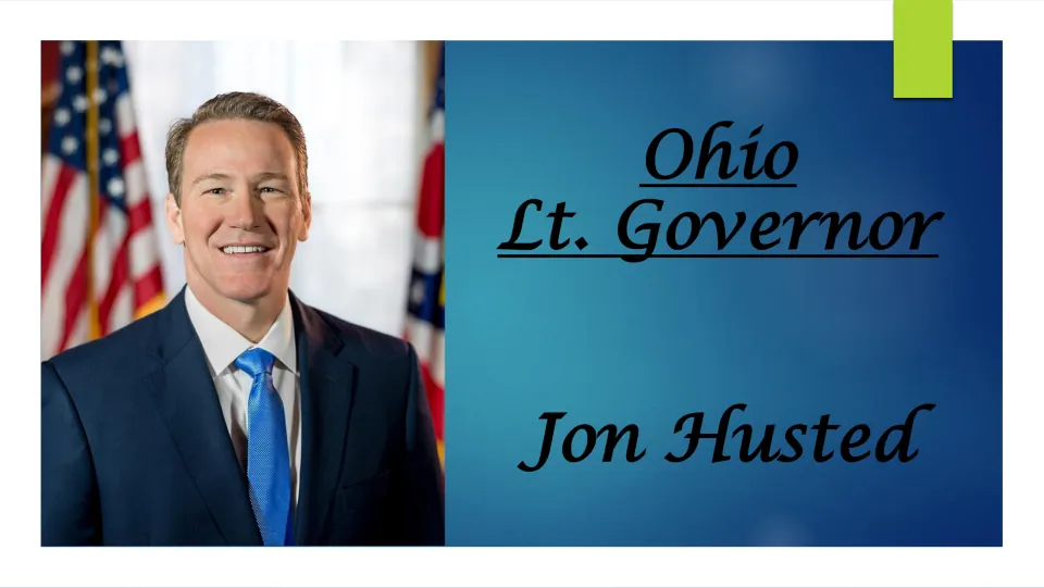 Biography presentation cover introducing Jon Husted as Ohio's lieutenant governor, with his portrait