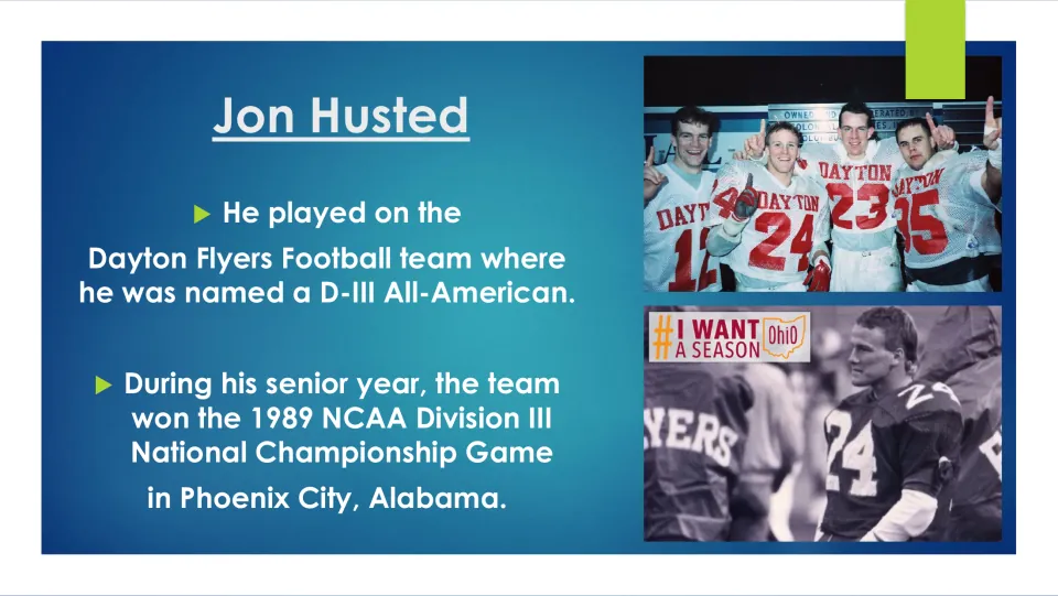Biography slide 7 covers Husted's Dayton Flyers football career, All-American honor, and 1989 team championship