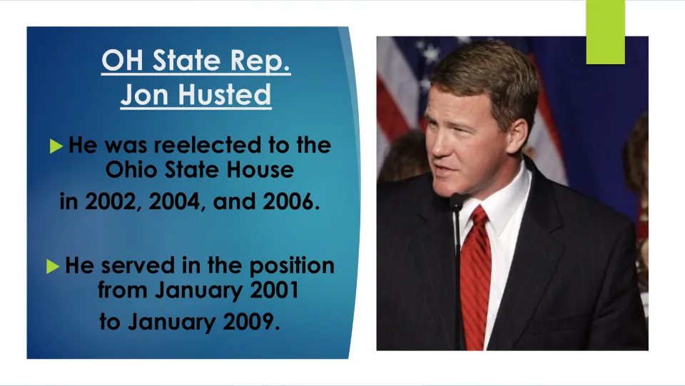 Biography slide 10 lists Husted's reelections in 2002, 2004, and 2006 and Ohio House service from 2001 to 2009