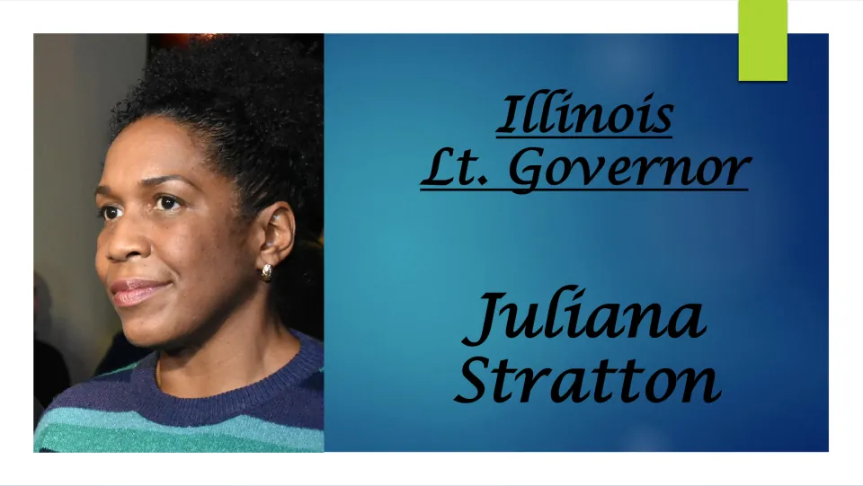 Biography presentation cover introducing Illinois Lt. Governor Juliana Stratton, with her portrait