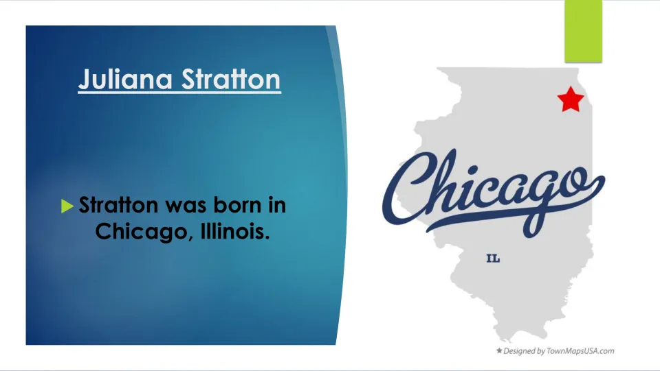 Biography slide naming Chicago, Illinois, as Juliana Stratton’s birthplace, illustrated by an Illinois map