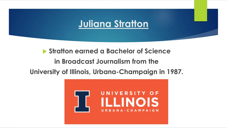 Biography slide on Stratton’s 1987 broadcast journalism degree from the University of Illinois, Urbana-Champaign