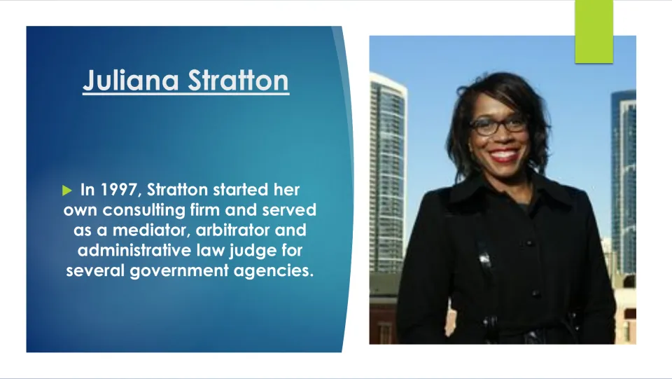 Biography slide on Stratton’s 1997 consulting firm and work as a mediator, arbitrator, and administrative law judge