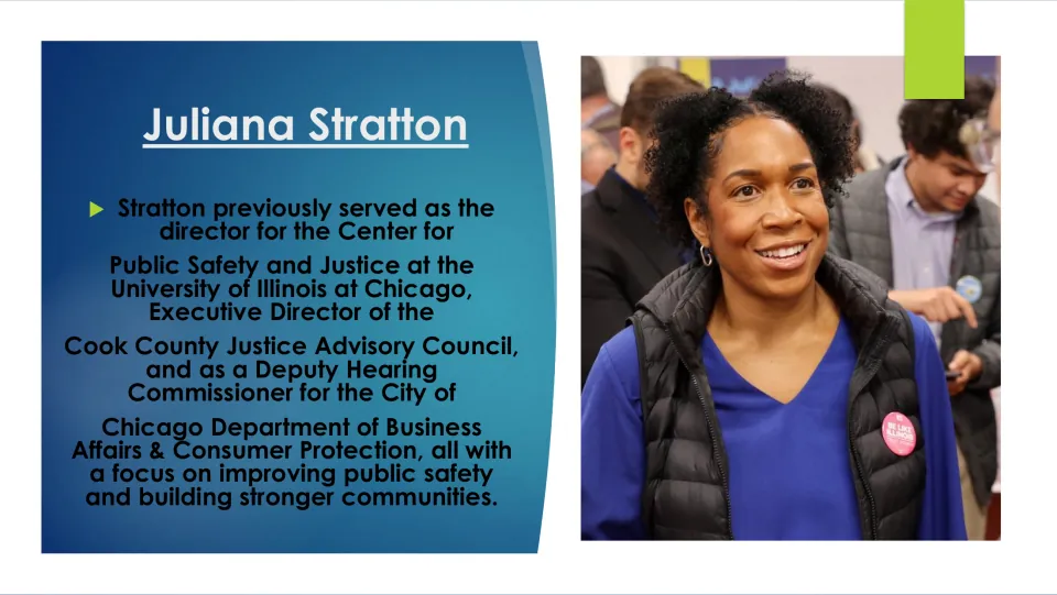 Biography slide detailing Stratton’s public safety and justice leadership roles at UIC, Cook County, and Chicago