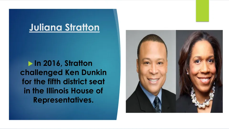 Biography slide on Stratton’s 2016 challenge to Ken Dunkin for the fifth district seat in the Illinois House