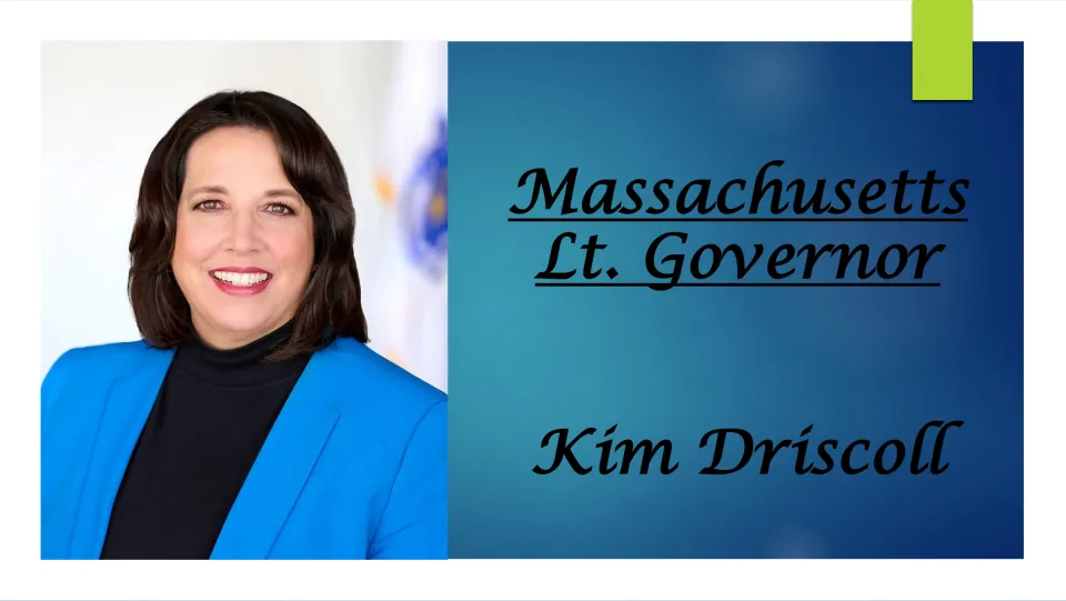 Biography presentation cover introducing Massachusetts Lt. Governor Kim Driscoll with her portrait