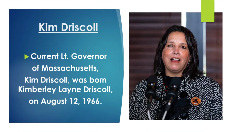 Biography slide giving Kim Driscoll’s birth name, Kimberley Layne Driscoll, and birth date, August 12, 1966