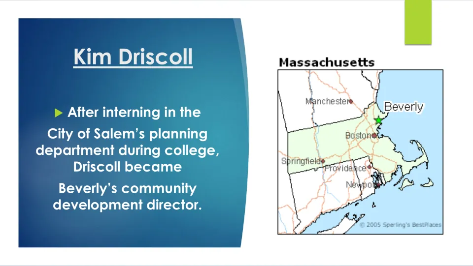 Biography slide on Driscoll’s Salem planning internship and role as Beverly’s community development director