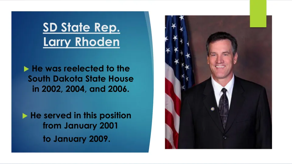 Political career slide listing Rhoden’s House reelections in 2002, 2004, and 2006 and service from 2001 to 2009