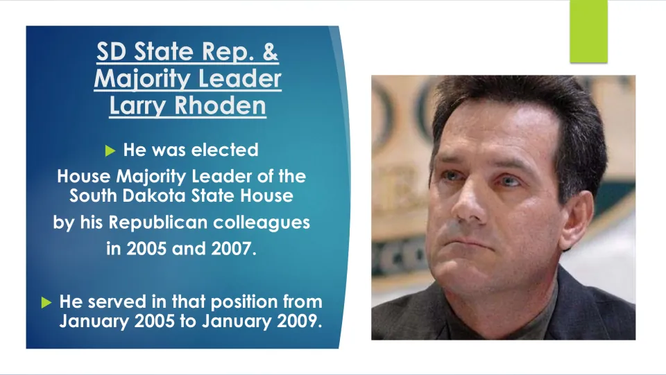 Political career slide covering Rhoden’s House Majority Leader elections in 2005 and 2007 and 2005–2009 tenure