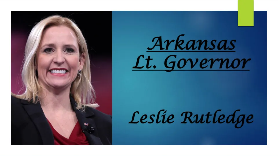 Biography presentation cover identifying Leslie Rutledge as Arkansas lieutenant governor, with her portrait