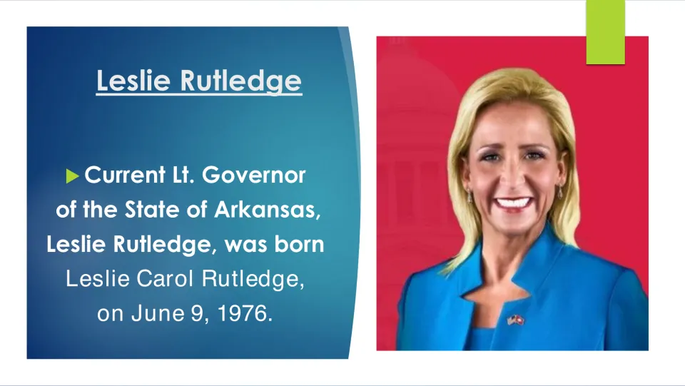 Biography slide giving Leslie Rutledge's full birth name, Leslie Carol Rutledge, and June 9, 1976 birth date