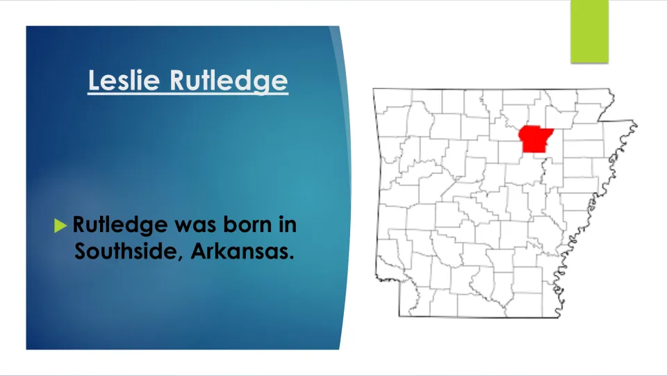 Biography slide stating that Leslie Rutledge was born in Southside, Arkansas, beside a county map of the state