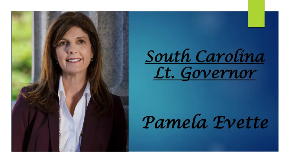 Title slide: South Carolina Lt. Governor Pamela Evette, shown in a portrait photo beside the biography slideshow's title