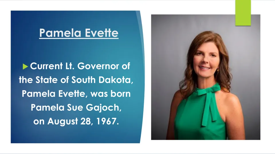 Evette's early life: slide states she was born Pamela Sue Gajoch on August 28, 1967, shown with a portrait of her