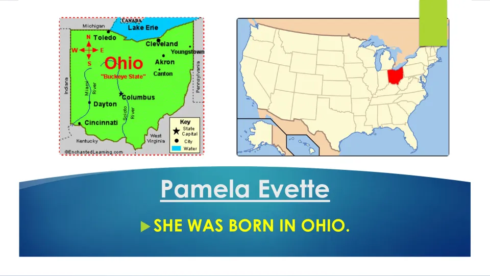 Birthplace slide: 'She was born in Ohio' with a map of Ohio's cities and a U.S. map highlighting Ohio in red