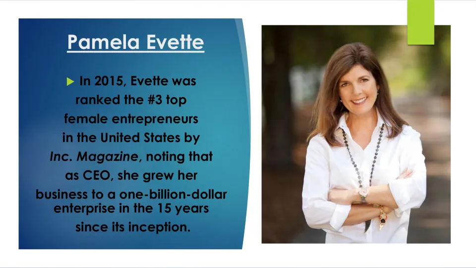 Business honor: in 2015 Inc. Magazine ranked Evette #3 top female entrepreneur for growing her firm to $1 billion