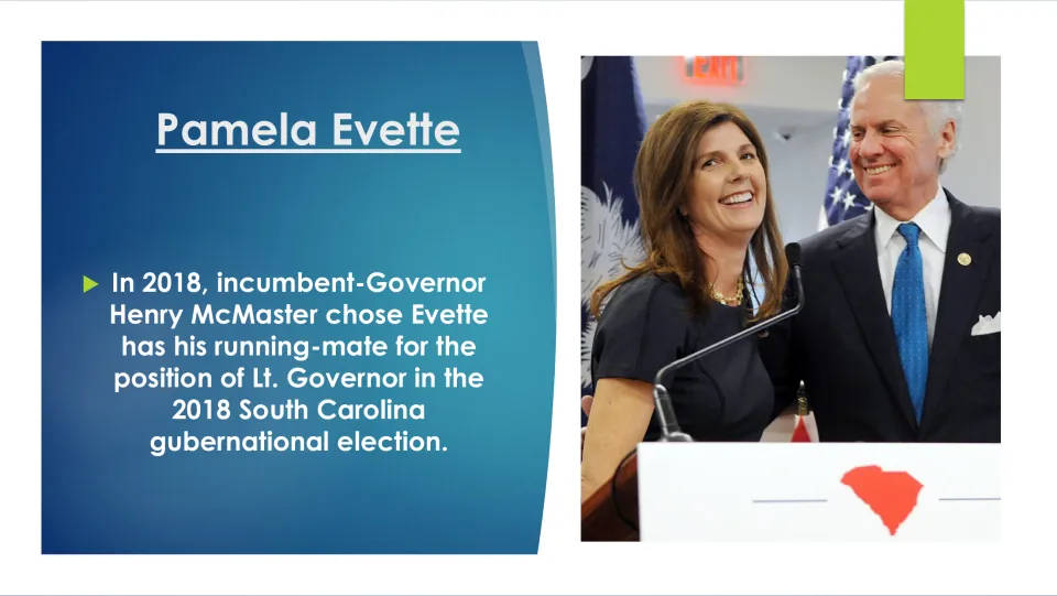2018 campaign: Governor Henry McMaster chose Evette as his running mate for Lt. Governor, shown together at a podium