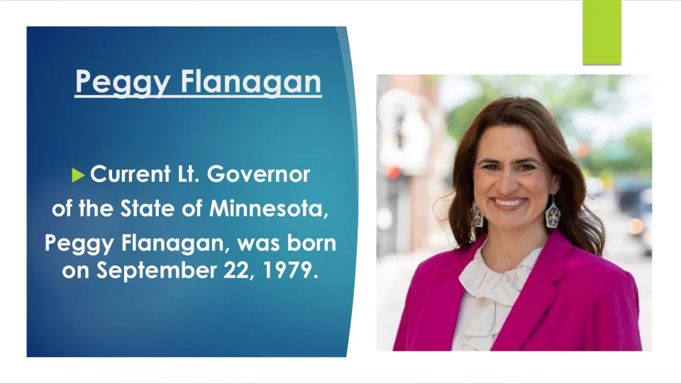 Flanagan biography slide stating she is Minnesota's current Lt. Governor, born September 22, 1979, with her photo