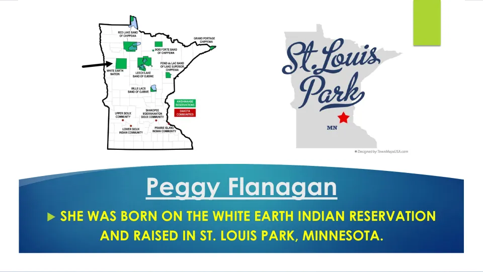 Early life slide: born on the White Earth Indian Reservation, raised in St. Louis Park; reservation map of Minnesota