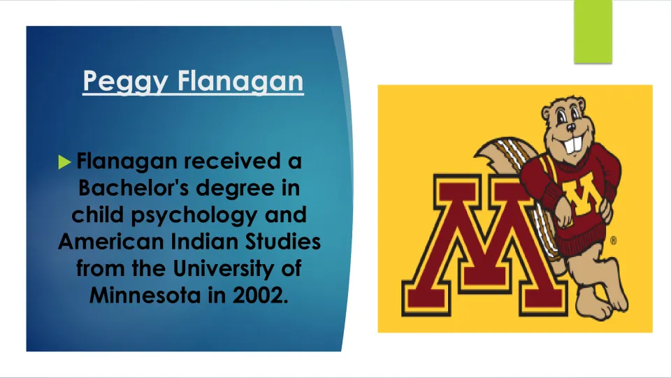 Education slide: 2002 University of Minnesota bachelor's in child psychology and American Indian Studies, gopher logo