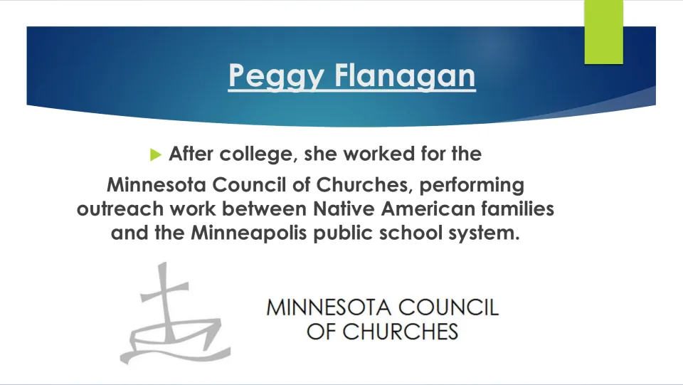 Career slide: after college she did Minnesota Council of Churches outreach between Native families and Minneapolis schools