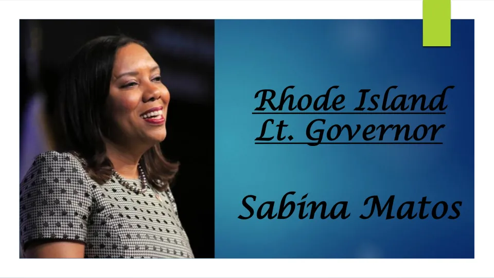 Biography presentation cover introducing Sabina Matos as Rhode Island lieutenant governor, with her portrait