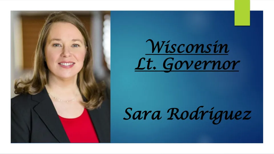 Biography presentation cover introducing Wisconsin Lt. Governor Sara Rodriguez, with her portrait