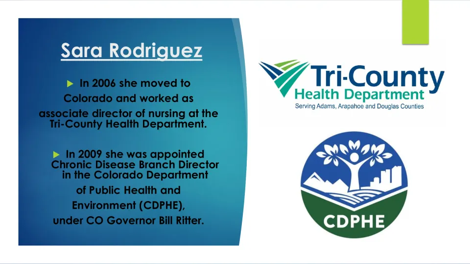 Career slide on Sara Rodriguez's Colorado nursing leadership in 2006 and chronic disease appointment in 2009