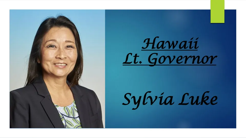 Biography presentation cover introducing Hawaii Lt. Governor Sylvia Luke, with her name and portrait