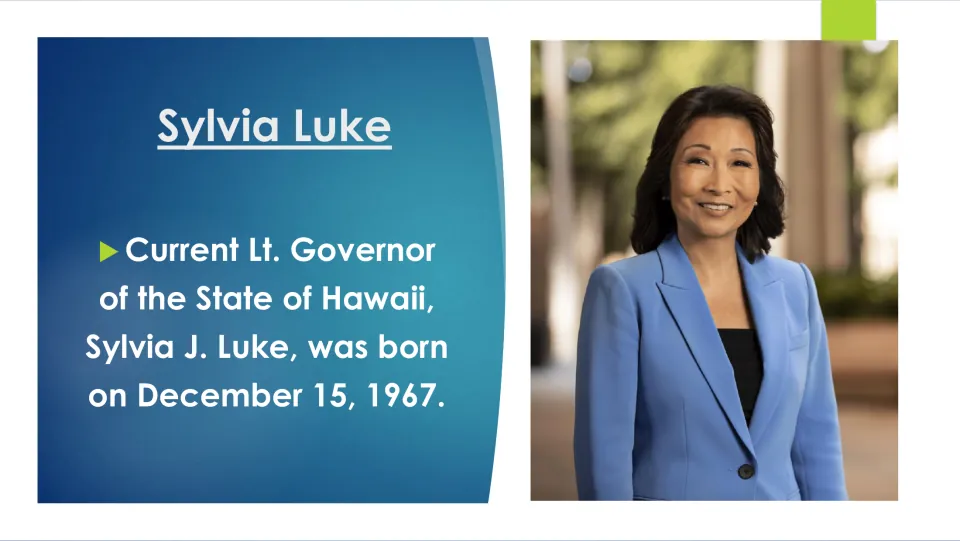 Biography slide identifying Sylvia J. Luke as Hawaii’s lieutenant governor and giving her birth date: December 15, 1967
