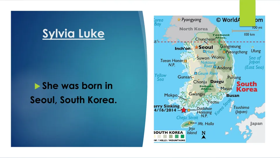 Biography slide stating Sylvia Luke was born in Seoul, South Korea, alongside a map showing Seoul
