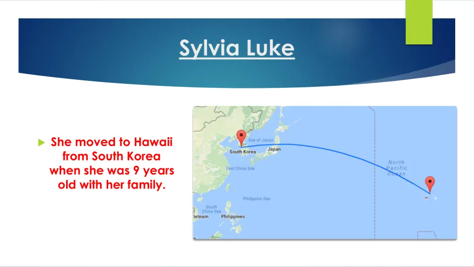 Biography slide explaining Sylvia Luke moved from South Korea to Hawaii with her family at age nine