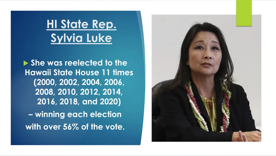 Biography slide listing Sylvia Luke’s 11 Hawaii House reelections from 2000 to 2020, each with over 56% of the vote