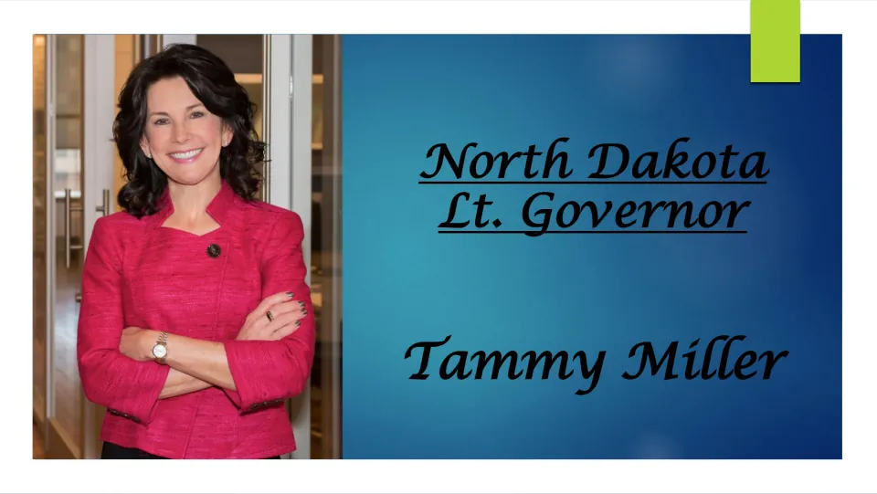 Biography presentation cover naming Tammy Miller as North Dakota lieutenant governor, with her portrait