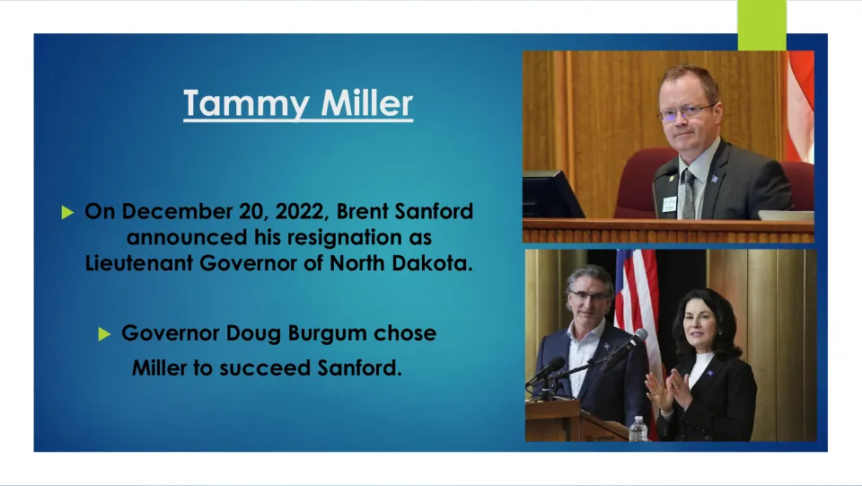Biography slide on Brent Sanford’s resignation announcement and Doug Burgum choosing Tammy Miller as his successor