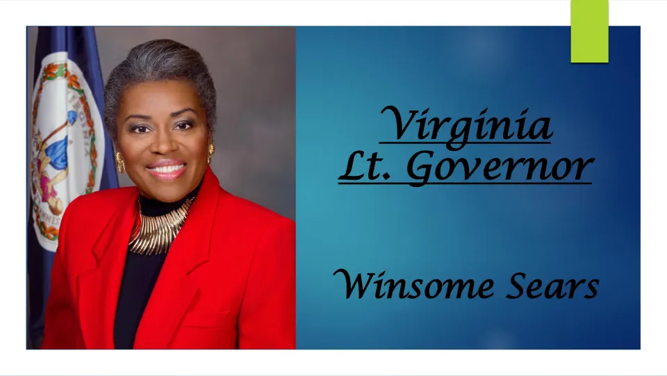 Biography presentation cover introducing Winsome Sears as Virginia's lieutenant governor, with her portrait