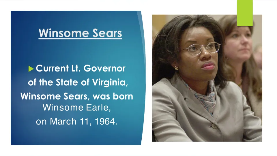 Biography slide stating that Virginia lieutenant governor Winsome Sears was born Winsome Earle on March 11, 1964