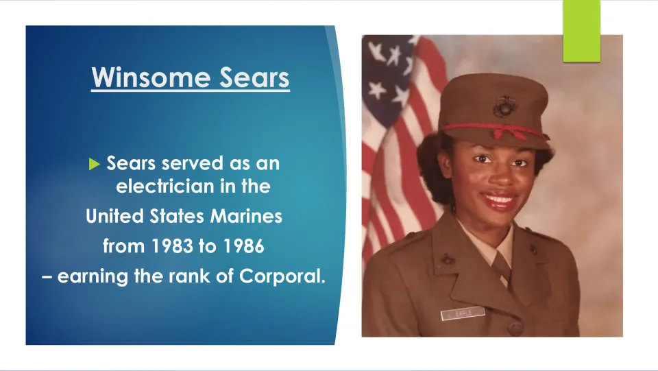 Biography slide on Sears's service as a Marine electrician from 1983 to 1986, earning the rank of corporal