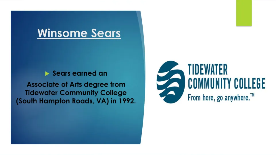 Biography slide stating that Sears earned an Associate of Arts degree from Tidewater Community College in 1992