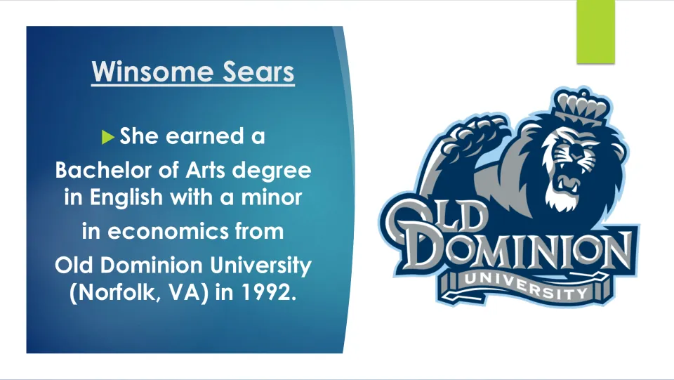Biography slide on Sears's 1992 Bachelor of Arts in English, with an economics minor, from Old Dominion University