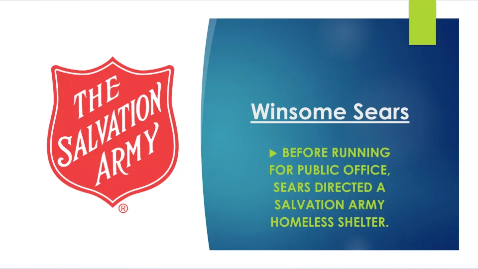 Biography slide stating that Winsome Sears directed a Salvation Army homeless shelter before running for office