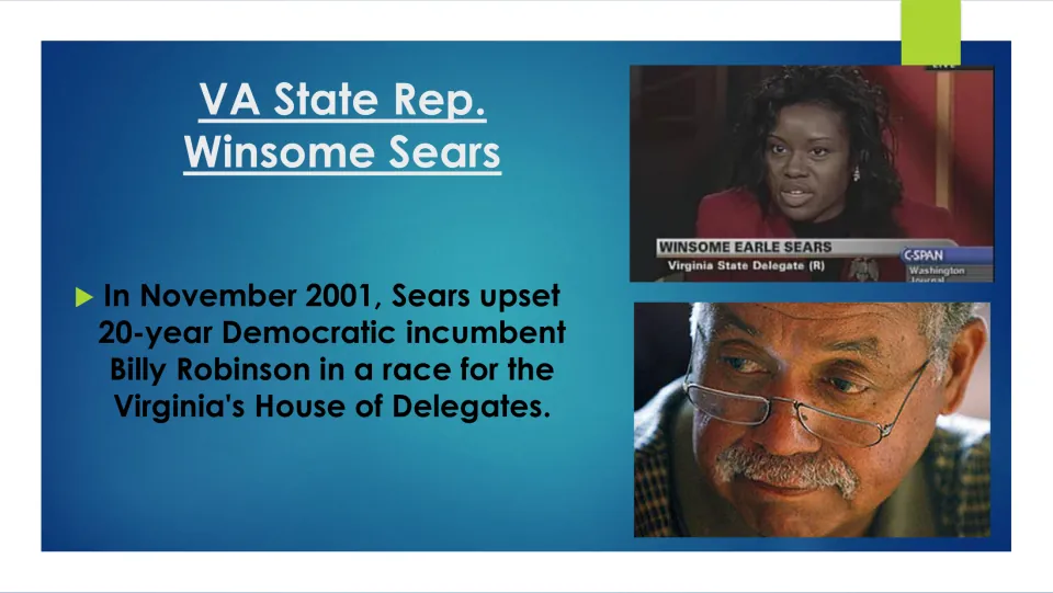 Biography slide on Sears defeating 20-year incumbent Billy Robinson in a 2001 Virginia House of Delegates race