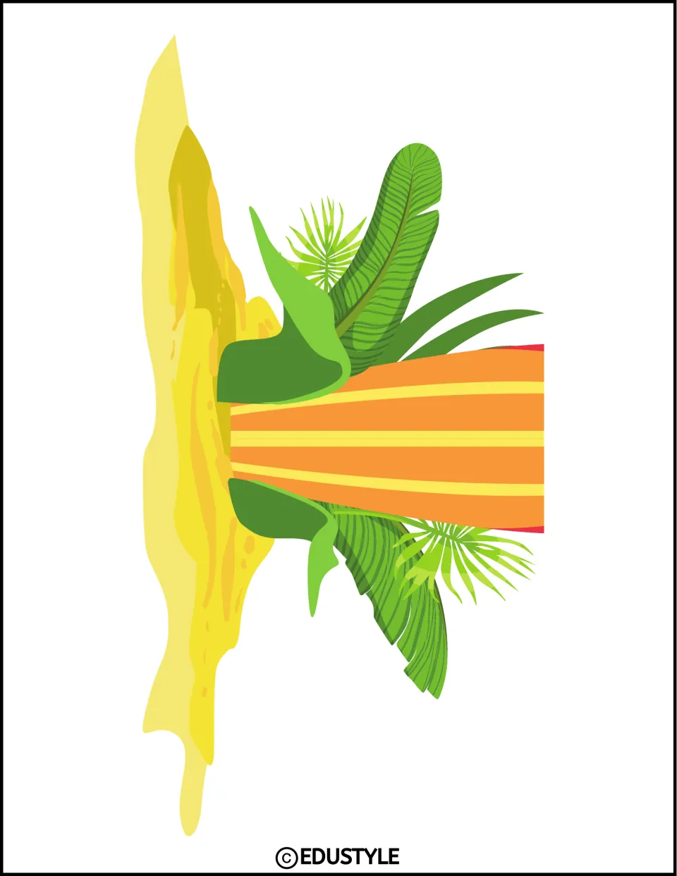 Sideways surfboard piece: striped orange board lying in sand with tropical leaves, its tip cut off at the right edge