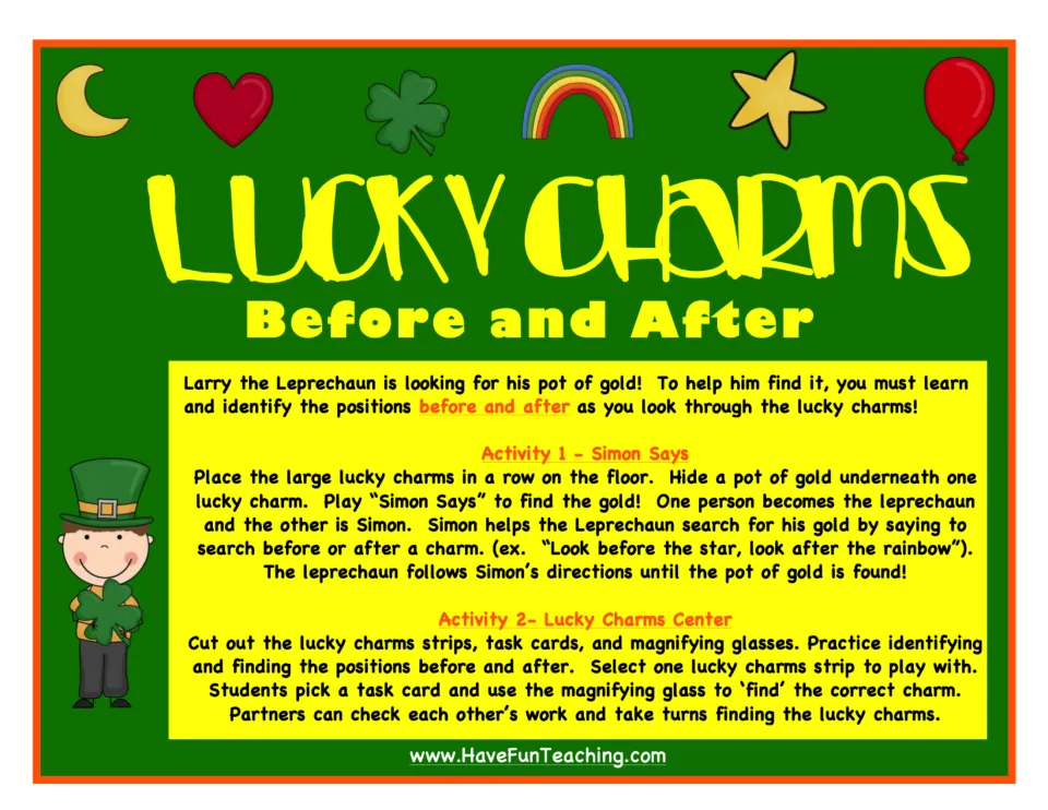 Lucky Charms title page: a Simon Says floor game and a task-card center for finding charms before and after a position