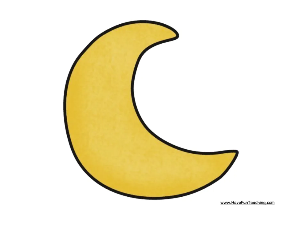 Large yellow crescent moon charm to cut out; a pot of gold can hide beneath it during the before and after search